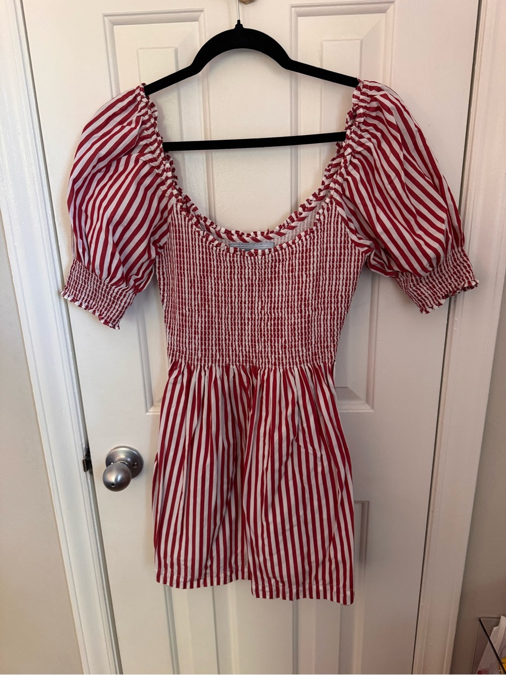 Hill House Naia Nap Dress -  Red and White Striped Puff-Sleeve Mini Dress